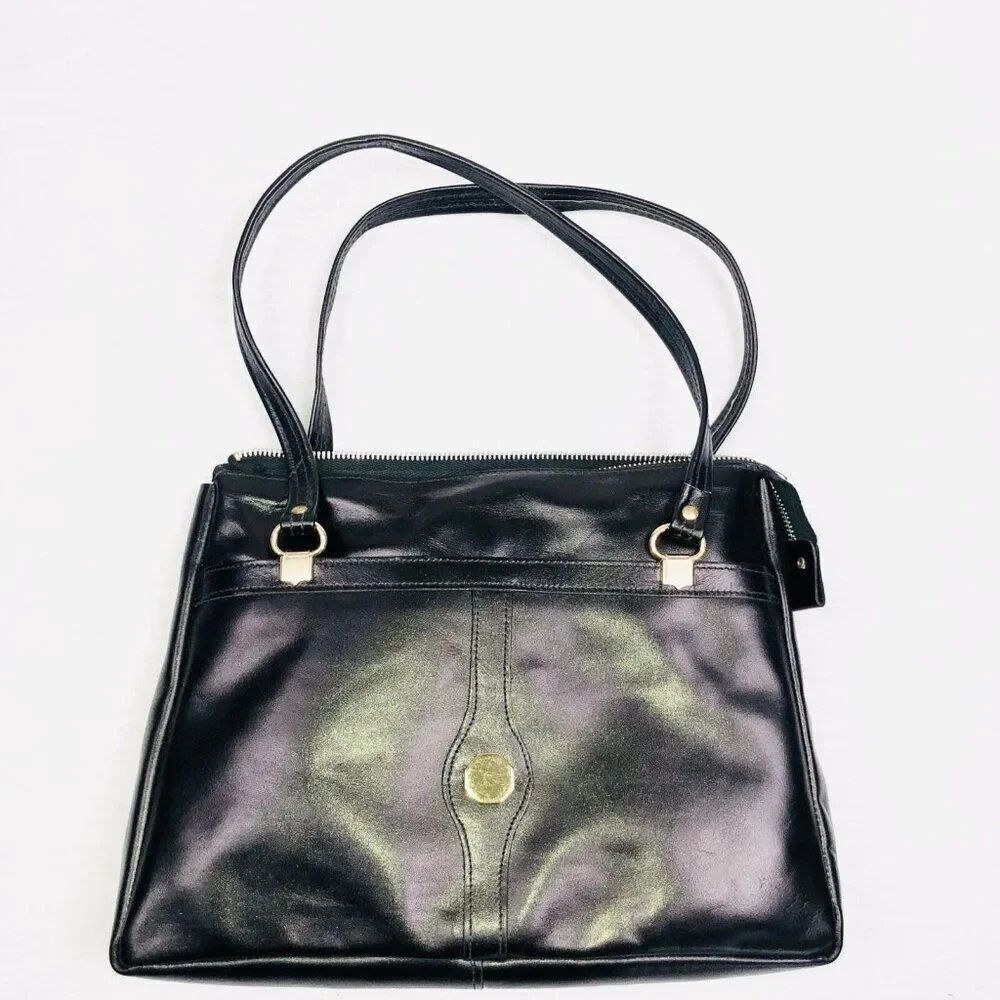 Vintage 60s Mod Womens Pocketbook Black Leather Purse Tote